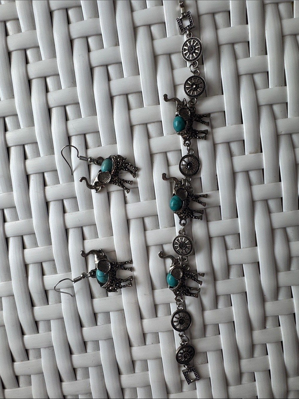 Turquoise Elephant Bracelet and Earrings Set - Silver-Tone Women’s Jewelry